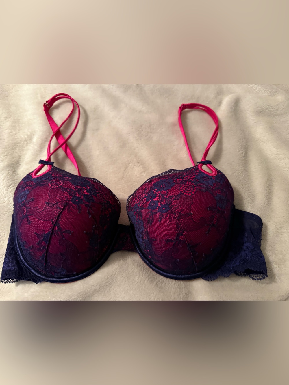 Victoria's Secret Pink Strappy Lace Push-Up Bra with Burgundy Cups and Navy Lace